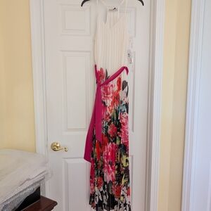 Ivory and Fuchsia Floral Maxi Dress with Removable Belt Tie